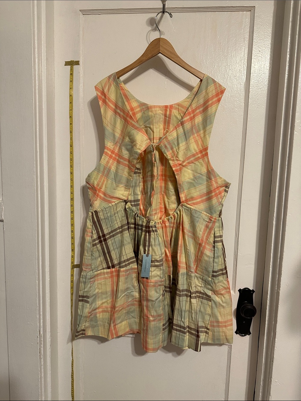 Anthropologie Plus Plaid Sleeveless Tiered Dress in Pastel Yellow and Peach - Picture 2 of 8